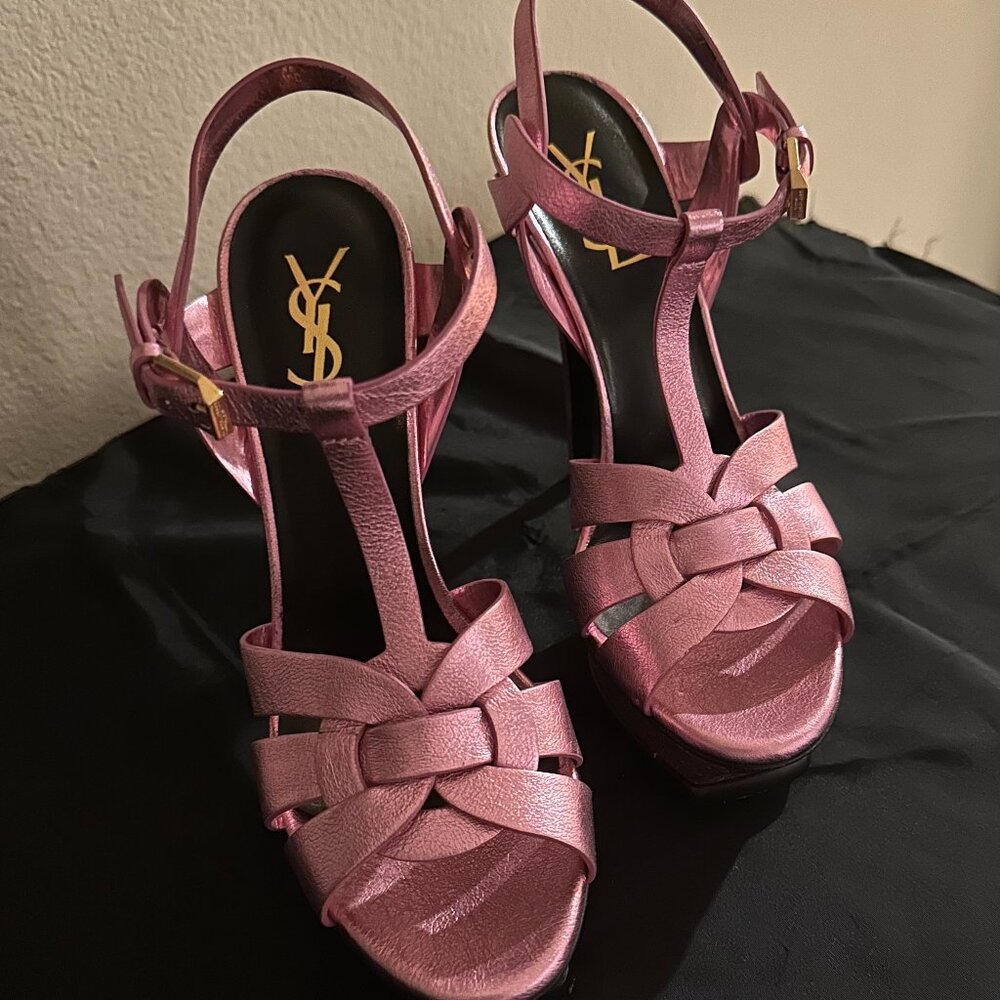 SAINT LAURENT YSL Tribute 105 Calfskin Metallic Pink Sandals, 38 Y2K 80’s - Picture 3 of 9